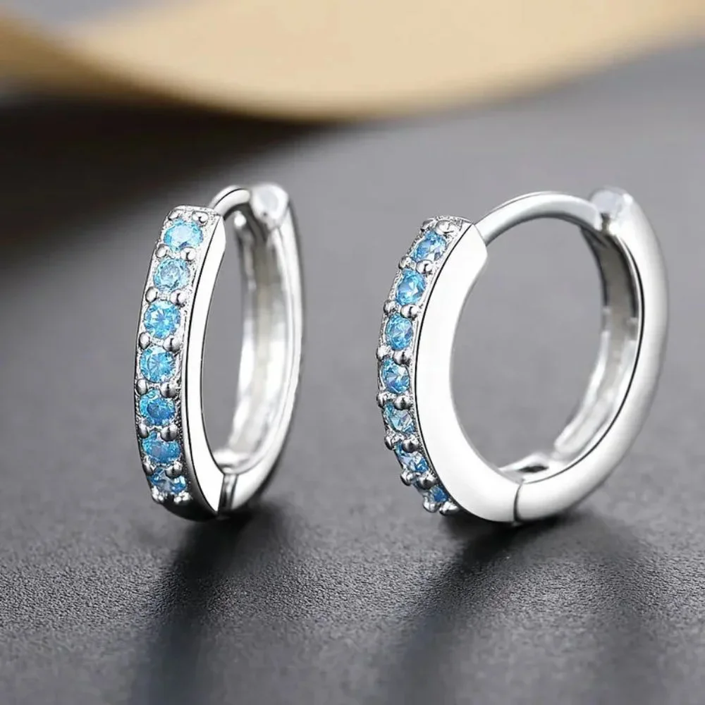 Small Different Colored CZ Diamond Huggy Loop Earrings, 925 Sterling Silver!